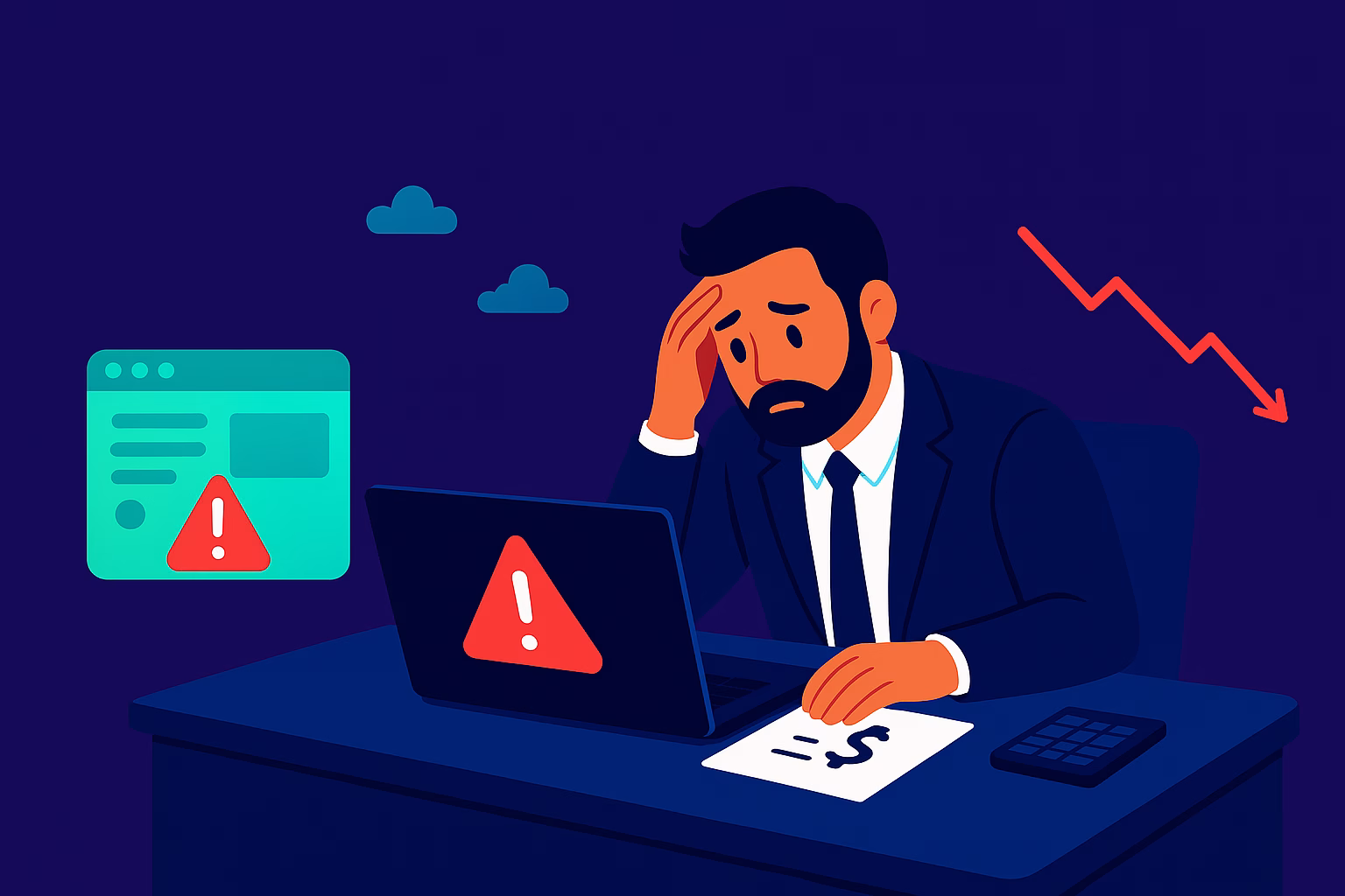 Illustration of a businessman wearing a suit whilst sat at a desk looking stressed, looking at a laptop screen.