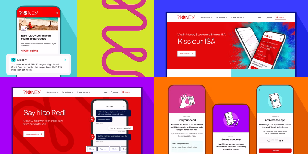 A set of images displaying Virgin Money product user interfaces and insights and features within the app.