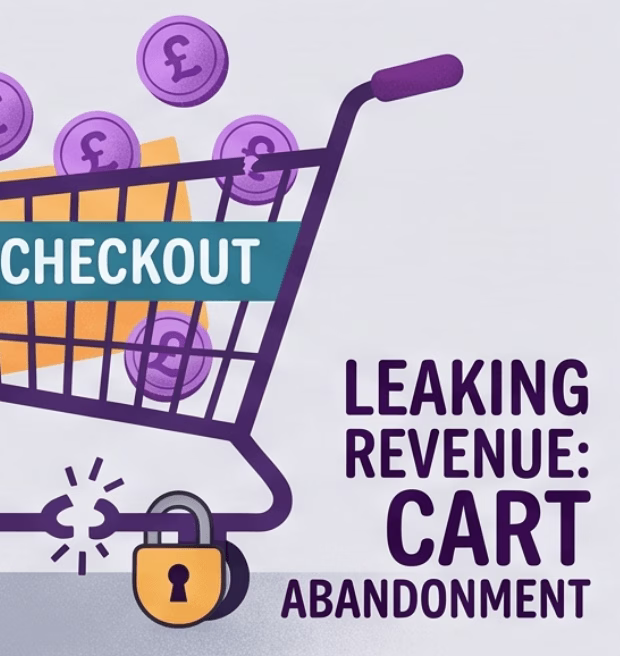 A close-up illustration of a shopping cart with a large lock on the wheel and a broken link in its structure, with coins labeled '£' spilling out. Titled: Leaking revenue, cart abandonment