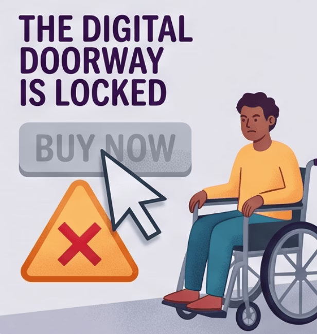 Illustration image with a man in a wheelchair stating the digital doorway is locked so the user cannot 'buy now'
