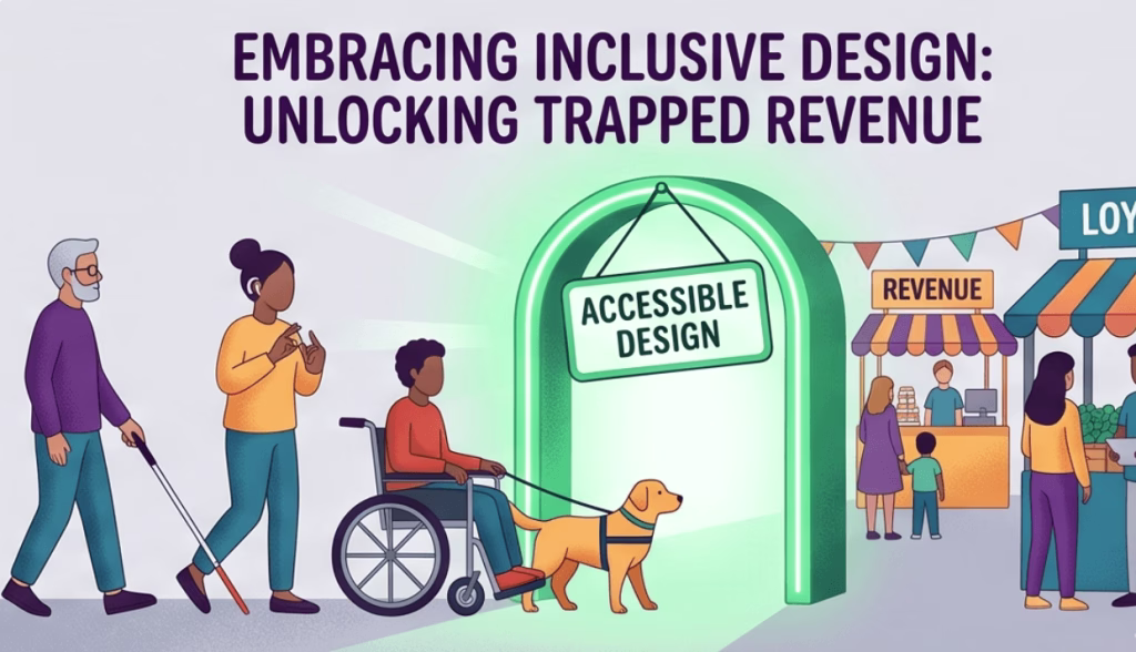 Illustration image with a man with a walking stick, a woman with hearing aids, a woman sat in a wheelchair with a guide dog walking towards an archway of accessible design. Beyond the arch is a thriving, colorful marketplace. Titled embracing inclusive design: unlocking trapped revenue