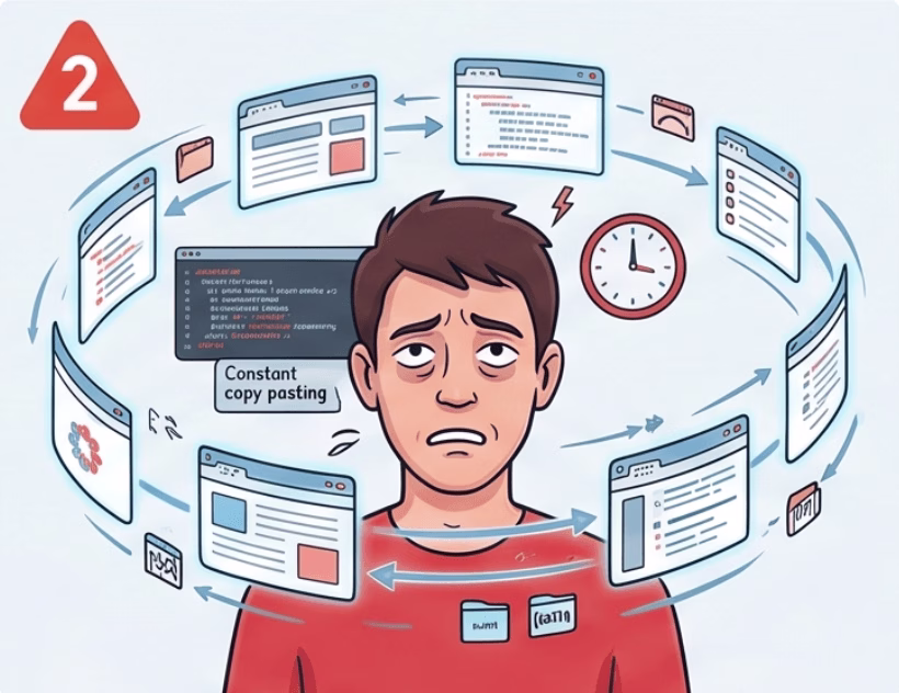 Illustration of a man looking stressed with lots of browser tabs circling his head