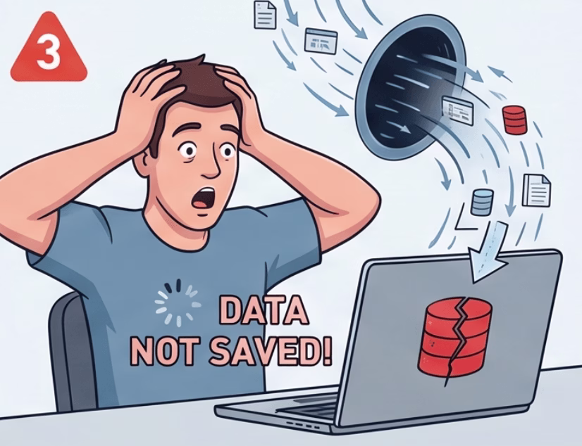 Illustration of a man sat at a desk looking horrified that his data has not saved