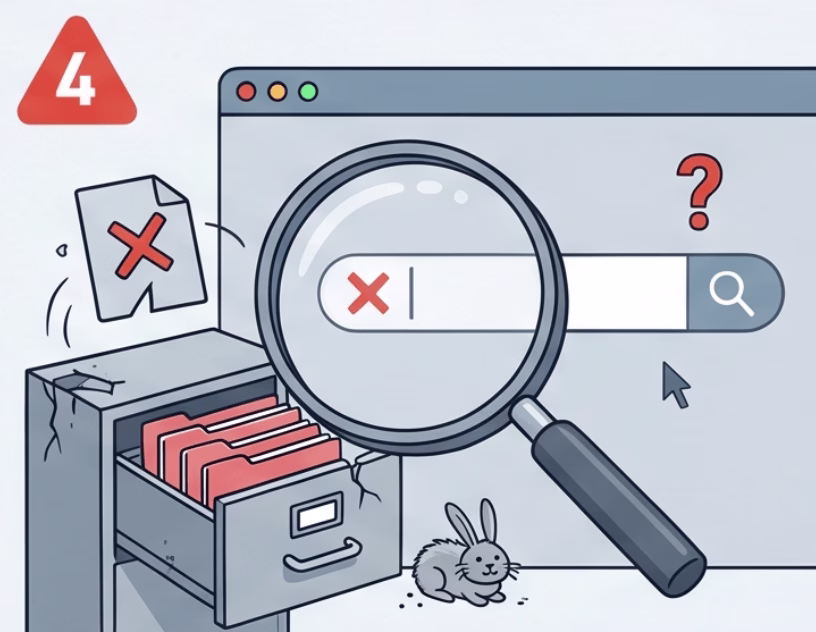 Illustration of a magnifying glass and no results found denoting an empty filing system with no data found for the search