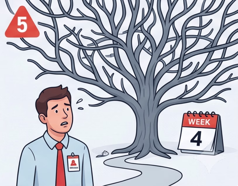 Illustration of a man stood before a tree dressed in a suit, the tree has tangled branches blocking his path